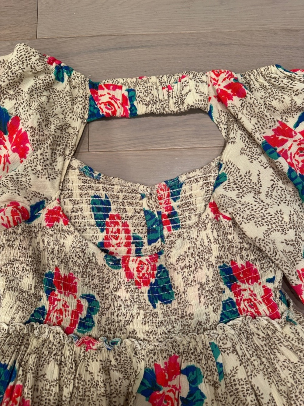 Free People Womens Floral Puff-Sleeve Dress - Cream with Pink & Blue Blooms - Picture 4 of 4